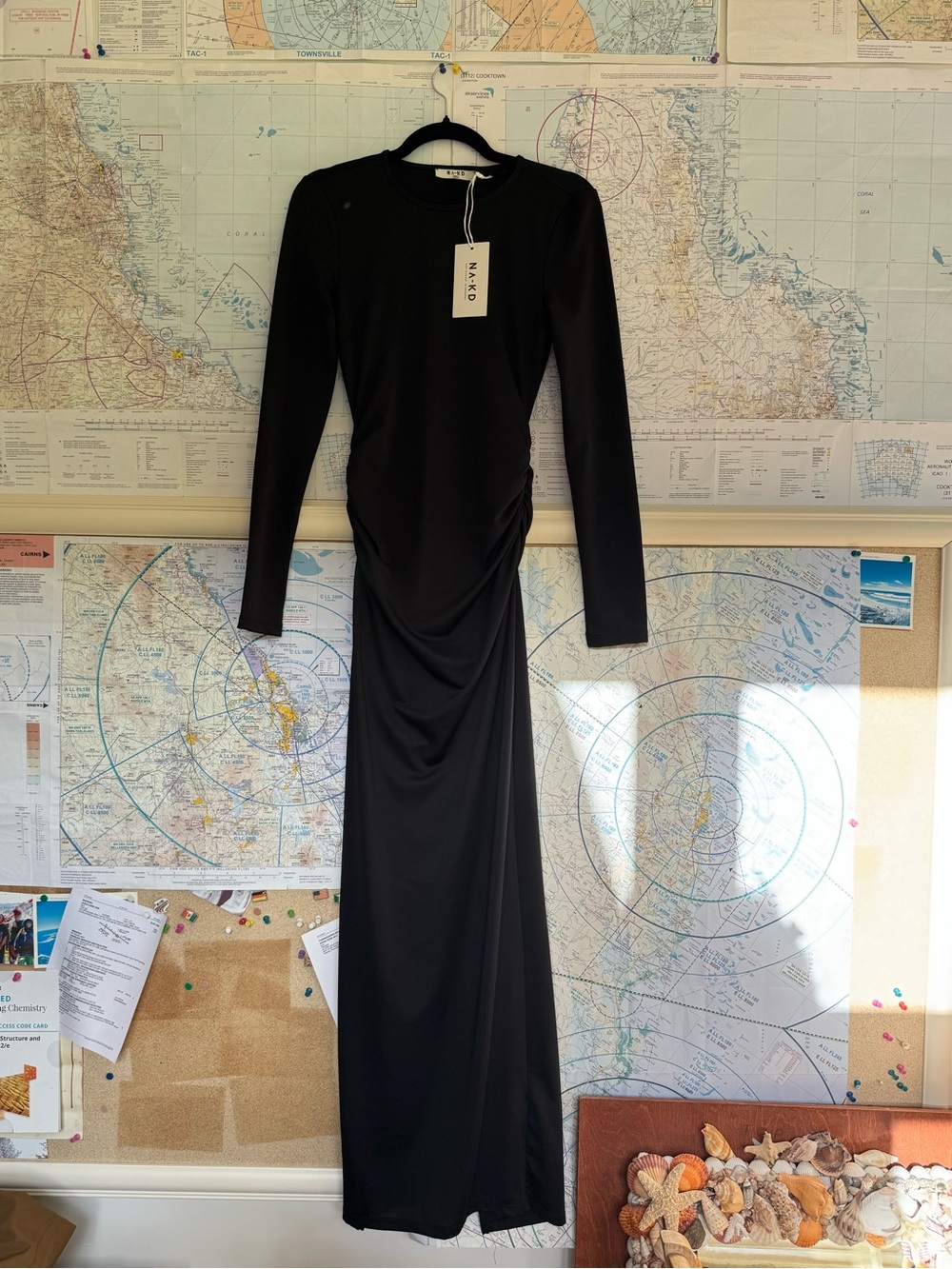 Mango Black Long-Sleeve Ruched Maxi Dress